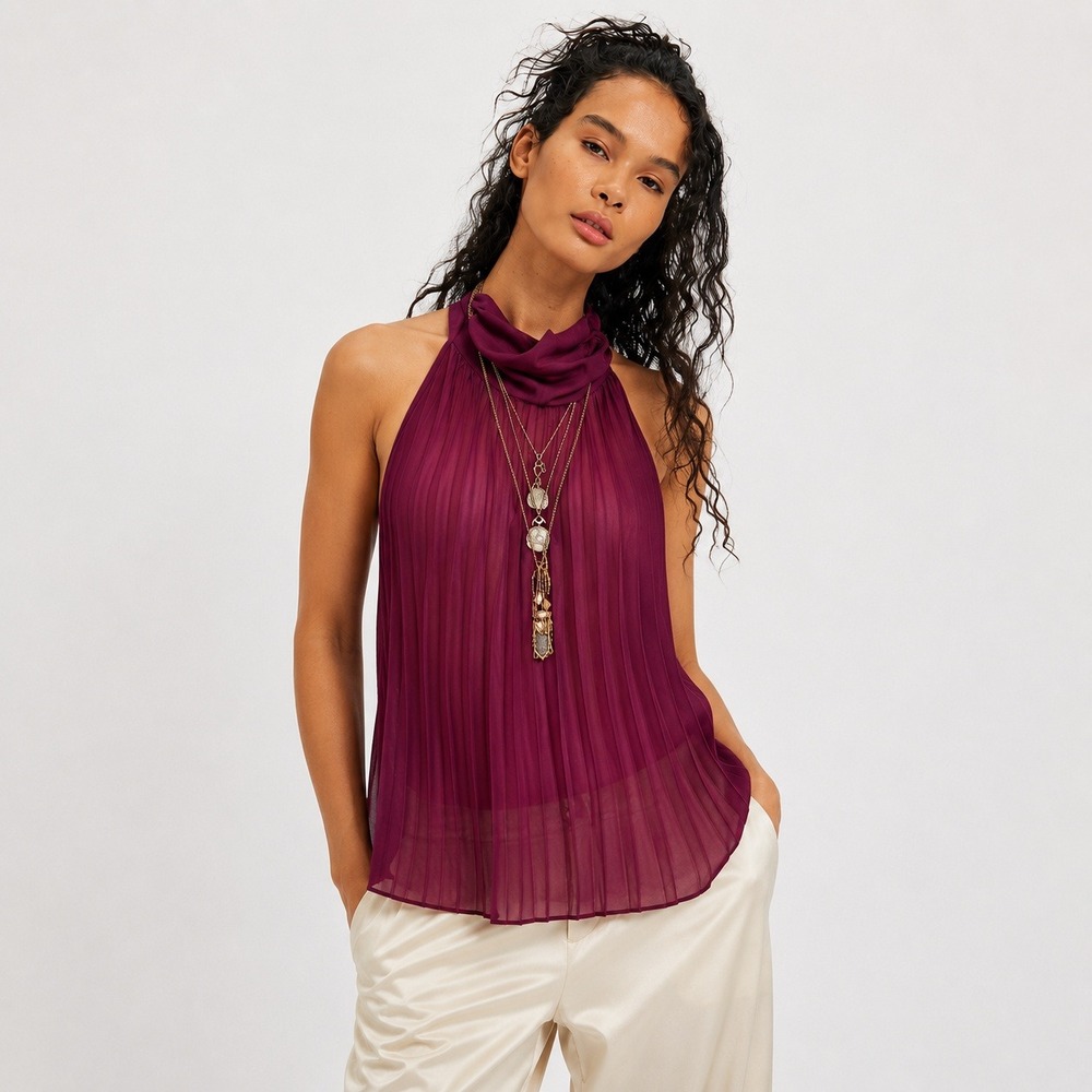 Ashley Stewart Pleated Halter Top Blouse Womens 18/20W Purple‎ Chiffon Romantic